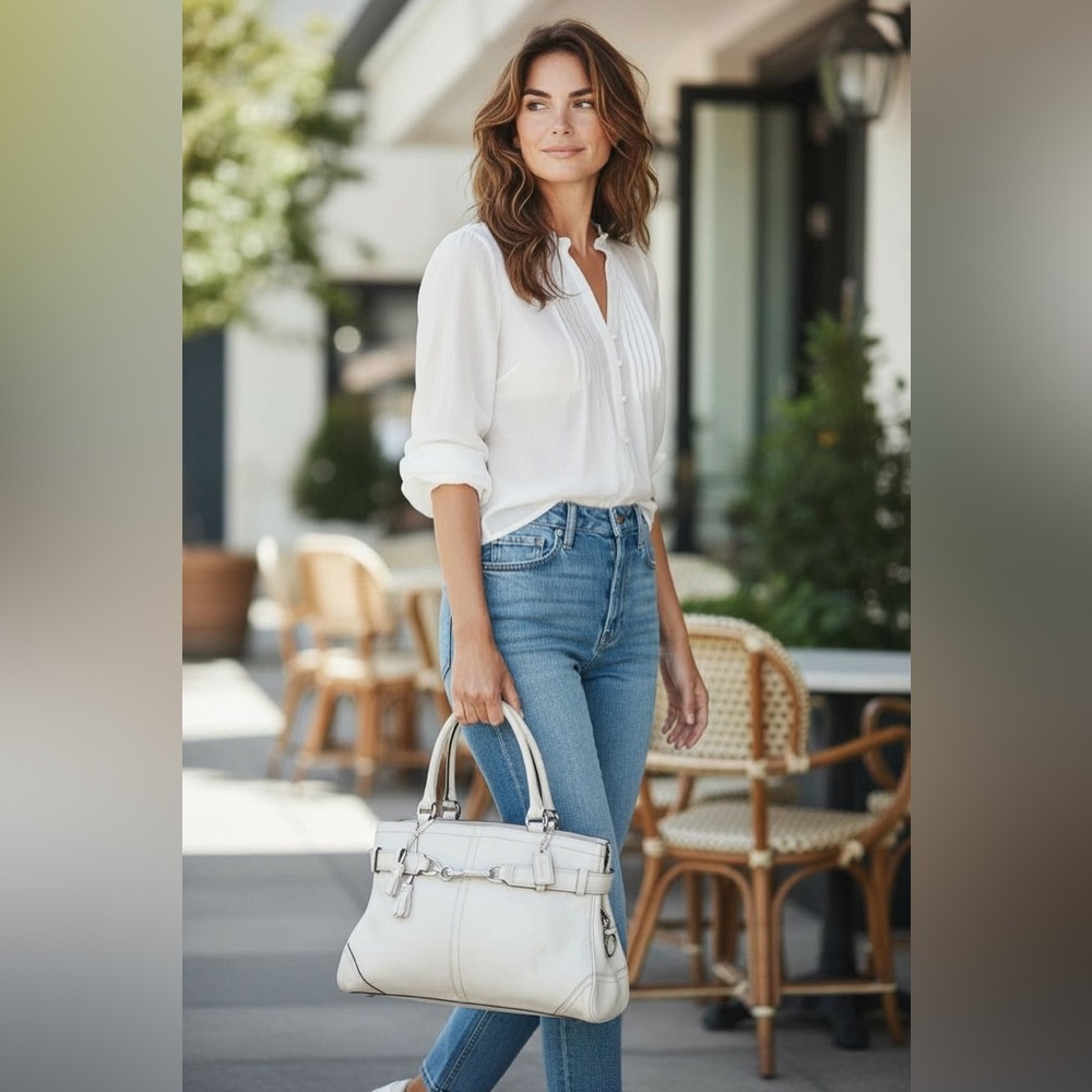 Coach Hampton Belted Satchel bone off white leather shoulder bag medium